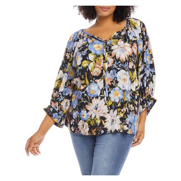 KAREN KANE Tops - KAREN KANE Womens Black Floral Blouson Sleeve Split Peasant Top Plus 0X